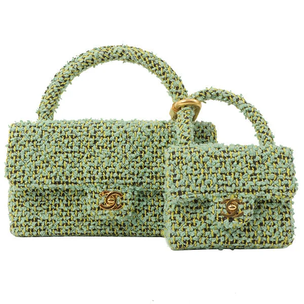 Chanel Luxury Handbag for High - End EventsChanel Around 1993 Made Tweed Classic Flap Top Handle Bag With Micro Bag Apple Green