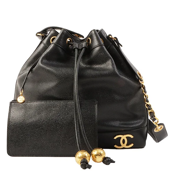 Chanel Luxury Handbag for High - End EventsChanel Around 1995 Made Caviar Skin 6 Cc Mark Plate Drawstring Shoulder Bag Black