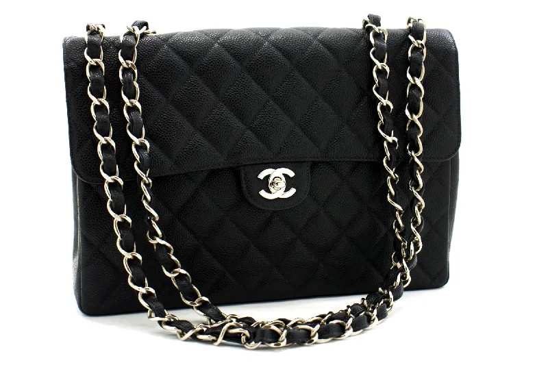 Chanel Handbag with Adjustable Strap for ComfortCHANEL Classic Large 11" Chain Shoulder Bag Black Grained Calfskin h58