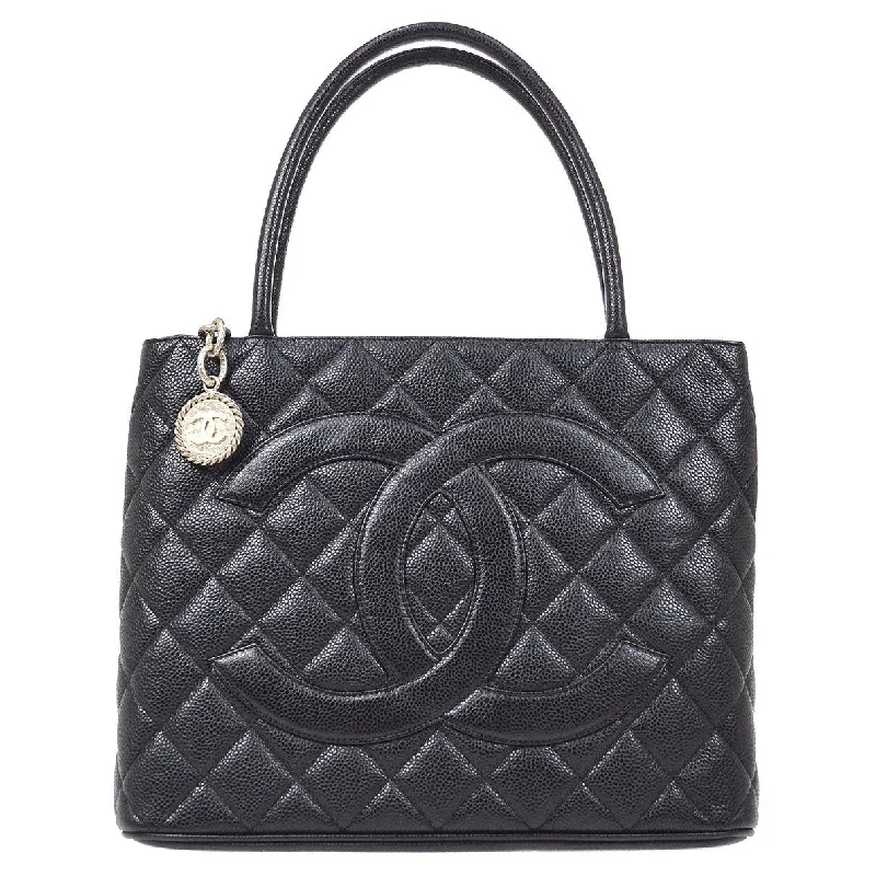 Chanel Quilted Leather Shoulder Bag for FashionistasCHANEL 2000-2001 Black Caviar Medallion Tote 91543