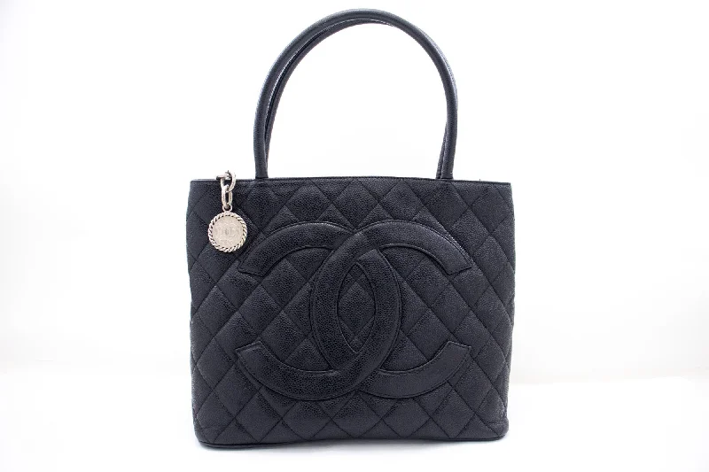 Chanel New Arrival Handbag with Gold HardwareCHANEL Silver Medallion Caviar Shoulder Bag Shopping Tote Black k56