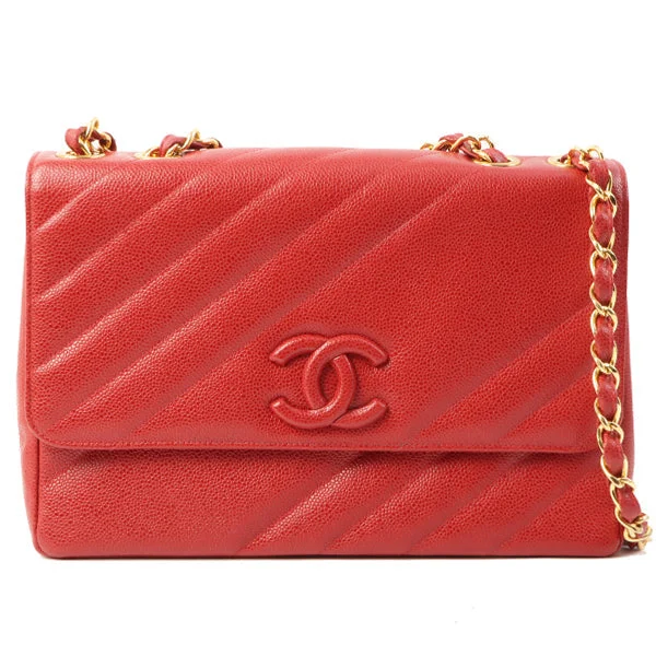 Chanel Luxury Handbag for High - End EventsChanel Around 1995 Made Caviar Skin Cc Mark Diagonal Stitch Chain Bag Red