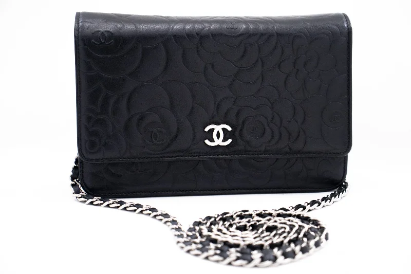 Chanel Quilted Leather Shoulder Bag for FashionistasCHANEL Black Camellia Embossed Wallet On Chain WOC Shoulder Bag k68