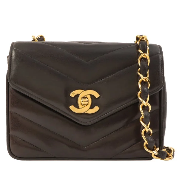 Chanel Small Crossbody Bag for TravelChanel Around 1995 Made Chevron Stitch V Flap Turn-Lock Chain Bag Black