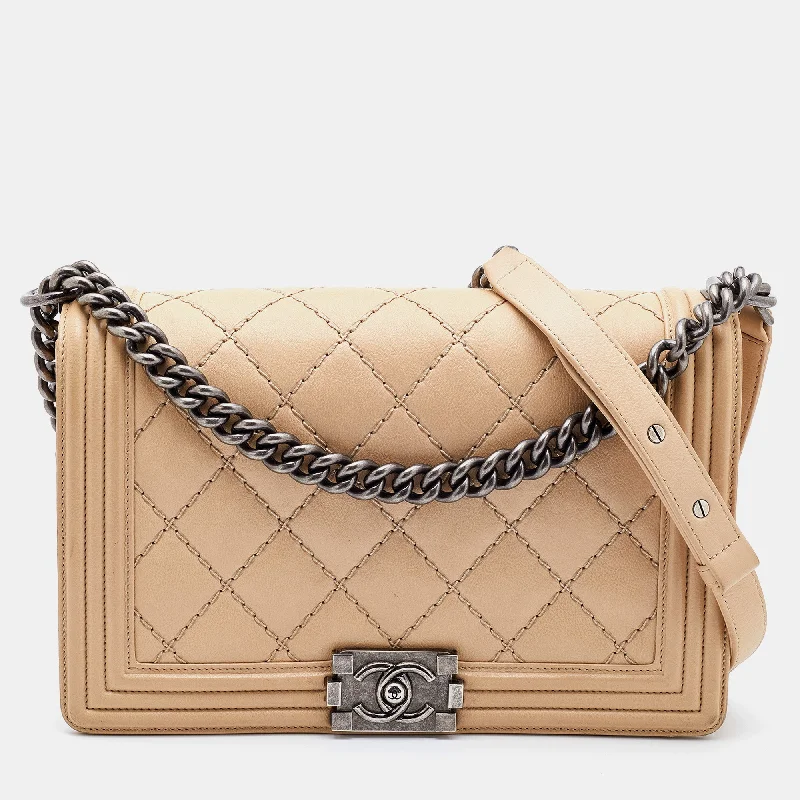 Chanel Handbag with Adjustable Strap for ComfortChanel Beige Quilted Leather New Medium Wild Stitch Boy Bag