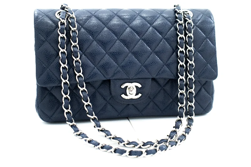 Chanel Luxury Handbag for High - End EventsCHANEL Navy Caviar Double Flap Chain Shoulder Bag Quilted Leather j44