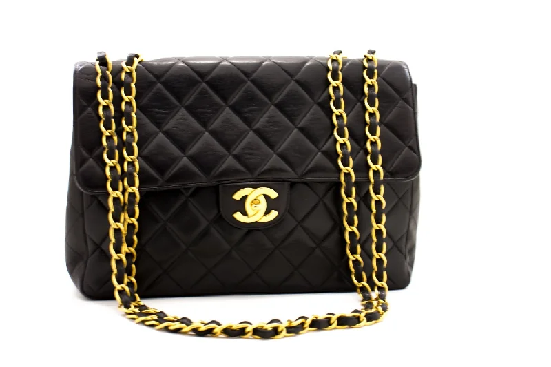 Chanel All - Match Handbag for Versatile StylingCHANEL Jumbo 11" Large Chain Shoulder Bag Flap Black Lambskin Gold f35