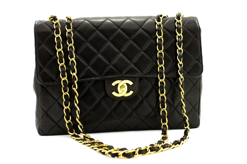 Chanel Lightweight Handbag for Daily ErrandsCHANEL Jumbo 11" Large Chain Shoulder Bag Flap Black Lambskin Gold f98