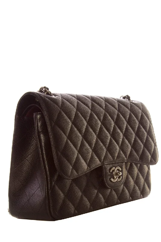 Chanel Handbag with Adjustable Strap for ComfortChanel Black Jumbo Caviar Double Flap SHW  Handbag