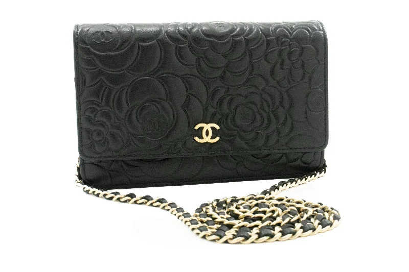 Chanel Chain Strap Handbag for Everyday UseCHANEL Black Camellia Embossed Wallet On Chain WOC Shoulder Bag k53