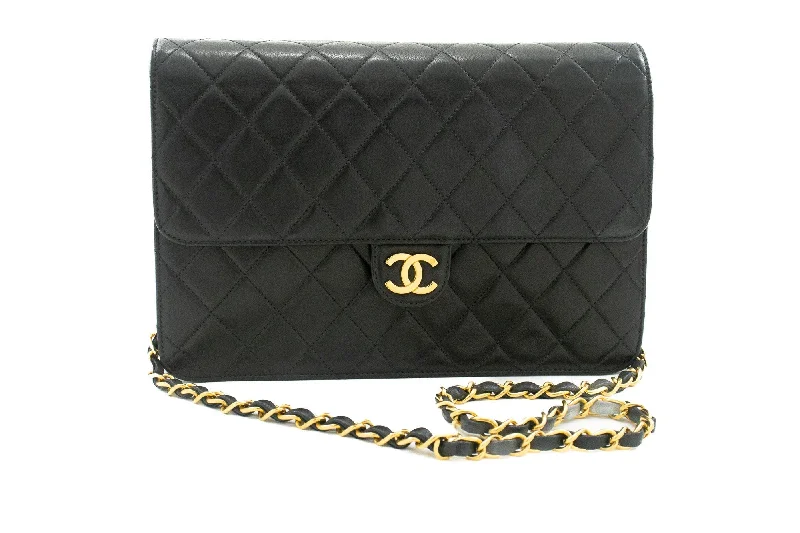 Chanel Quilted Leather Shoulder Bag for FashionistasCHANEL Chain Shoulder Bag Clutch Black Quilted Flap Lambskin Purse k13