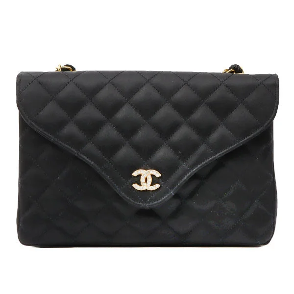 Chanel Classic Flap Bag for Evening PartyChanel Around 1985~1990 Made Silk Satin Rhinestone Cc Mark Plate Chain Bag Black