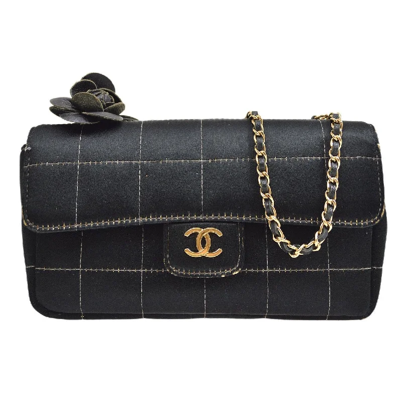 Chanel New Arrival Handbag with Gold HardwareCHANEL 2003-2004 Camellia Choco Bar Chain Shoulder Bag Black Satin 00704