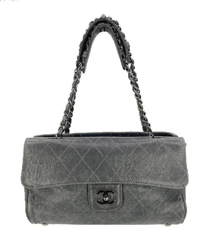 Chanel Black Handbag for Business MeetingsChanel Gray Distressed Leather Quilted Classic Flap