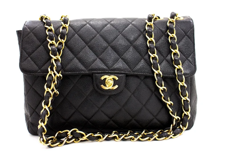 Chanel Limited Edition Handbag for CollectorsCHANEL Jumbo Caviar 11" Large Chain Shoulder Bag Flap Black Quilt e23