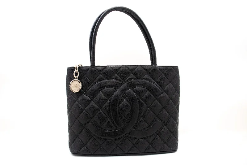 Chanel Vintage Inspired Handbag for Retro LoversCHANEL Silver Medallion Caviar Shoulder Bag Shopping Tote Black SV k57