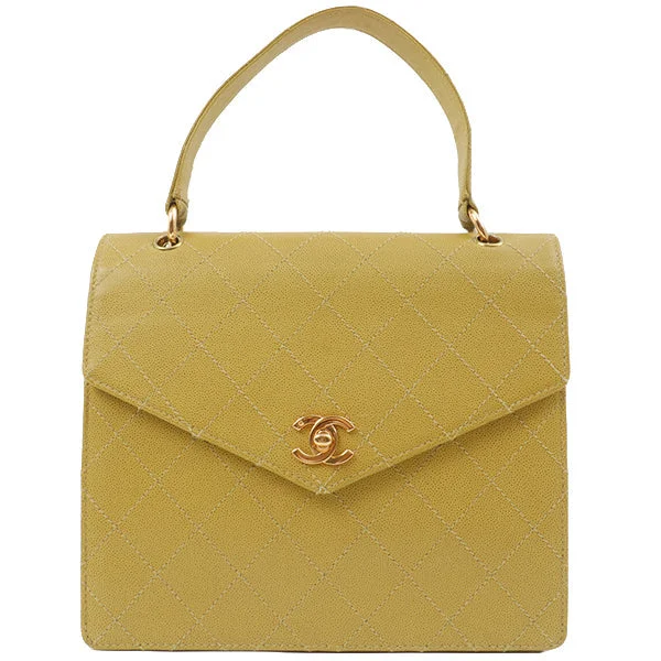 Chanel Handbag with Adjustable Strap for ComfortChanel Around 1998 Made Soft Caviar Skin Turn-Lock Handbag Lime Yellow