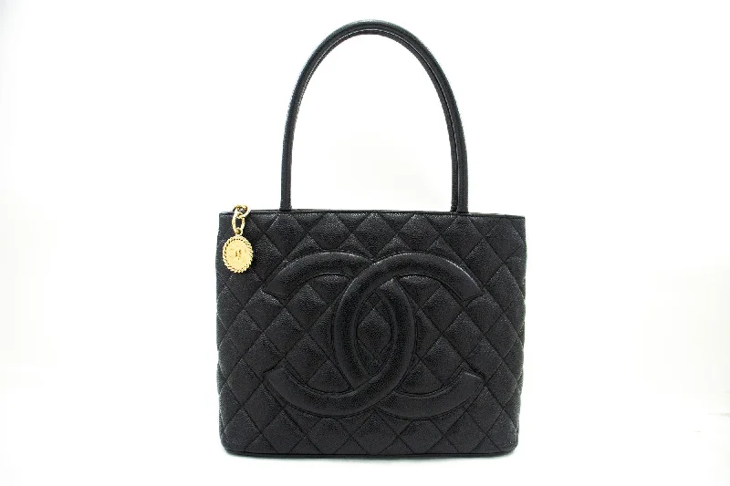 Chanel Handbag with Adjustable Strap for ComfortCHANEL Gold Medallion Caviar Shoulder Bag Shopping Tote Black i53