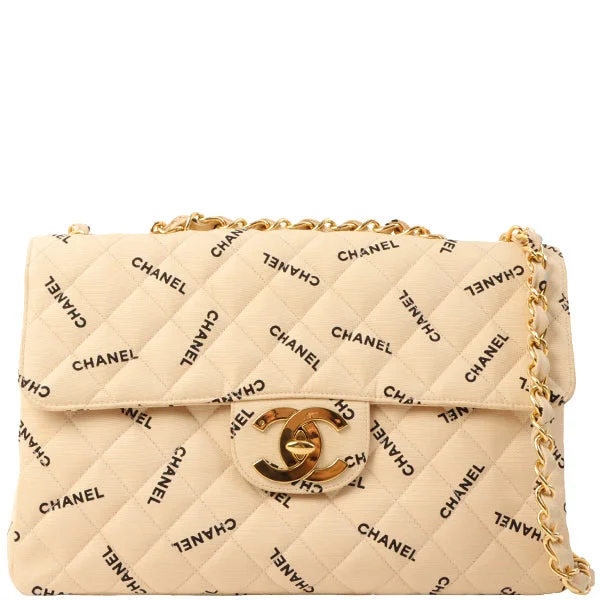 Chanel Lightweight Handbag for Daily ErrandsChanel Around 1995 Made Canvas Logo Print Classic Flap Chain Bag Maxi Beige