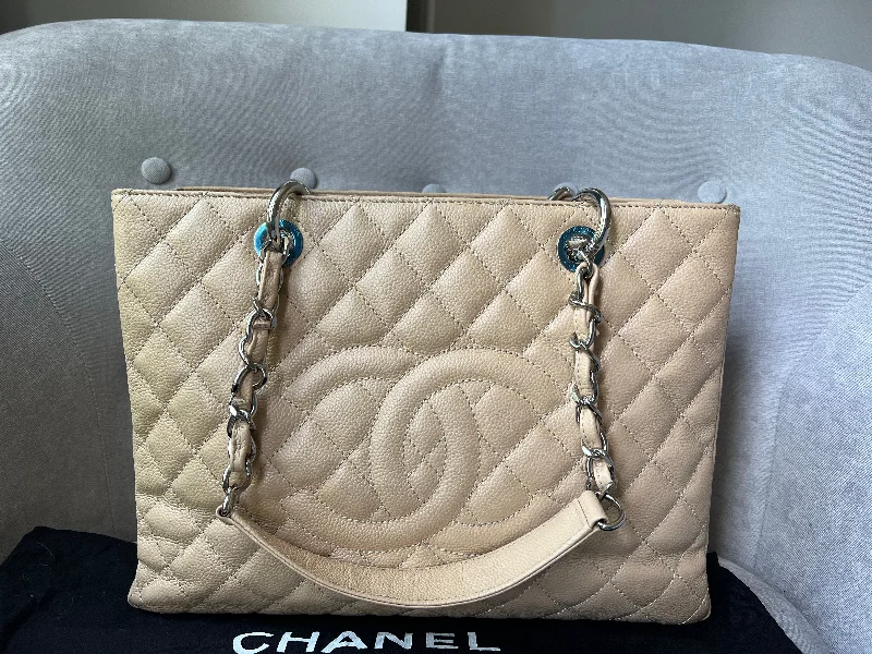 Chanel New Arrival Handbag with Gold HardwareChanel Light Beige Caviar Grand Shopper Tote with silver hardware (GST)