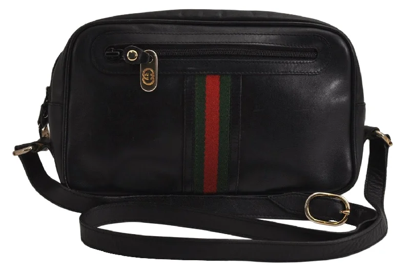 Gucci tote bags for women with a spacious interiorAuthentic GUCCI Web Sherry Line Shoulder Cross Body Bag Leather Black 9802J