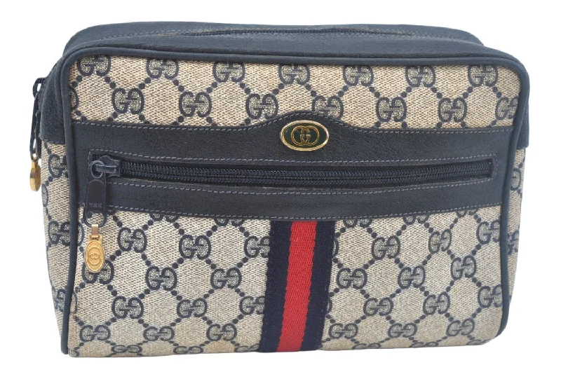 Gucci tote bags for women with a spacious interiorAuthentic GUCCI Sherry Line Clutch Hand Bag Purse GG PVC Leather Navy Blue L0003