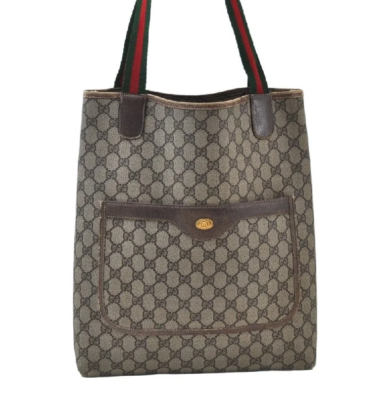 Ladies Gucci shoulder bags with a single - handle designAuthentic GUCCI Web Sherry Line Shoulder Tote Bag GG PVC Leather Brown K9932