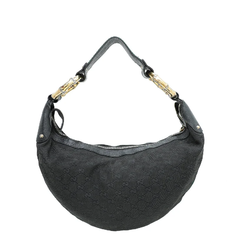 Gucci tote bags for women with a water - resistant coatingGucci Black GG Web Bamboo Ring Hobo Bag