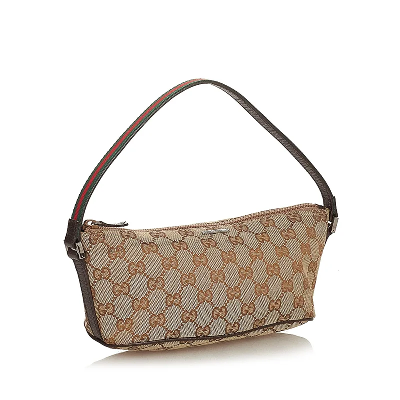 Women Gucci bags with a chain - link trim and a leather bodyGucci GG Canvas Boat Baguette (26182)