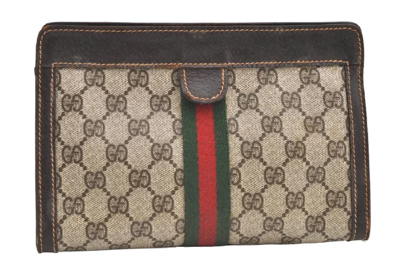 Women Gucci Sylvie bags featuring the signature web stripeAuthentic GUCCI Web Sherry Line Clutch Hand Bag GG PVC Leather Brown Junk 0603K