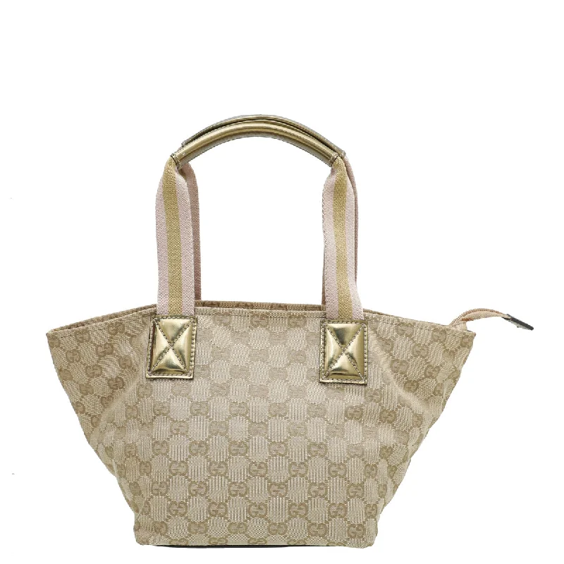 Women Gucci bags with a chain - link trim and a leather bodyGucci Bicolor GG Web Handle Bucket Small Tote Bag