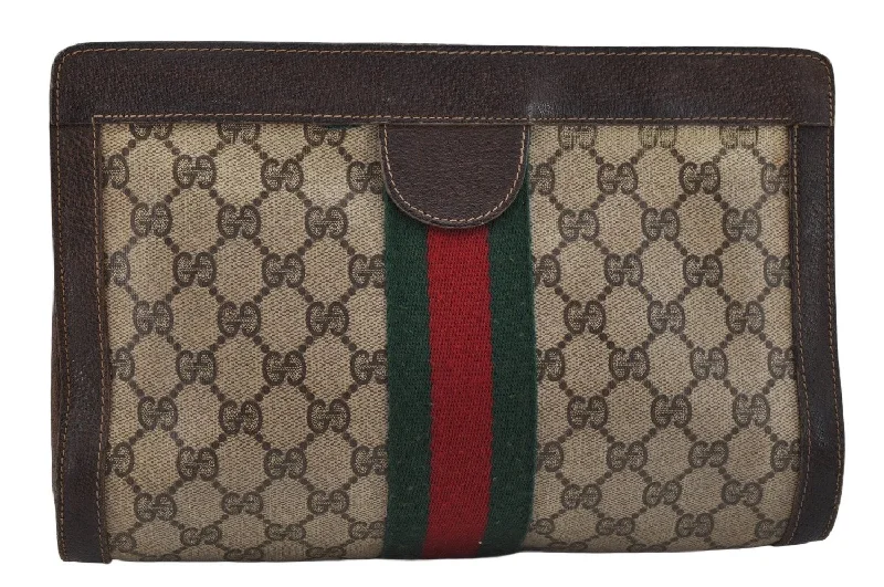 Women Gucci bags with a zippered interior pocketAuthentic GUCCI Web Sherry Line Clutch Hand Bag Purse GG PVC Leather Brown 0506K