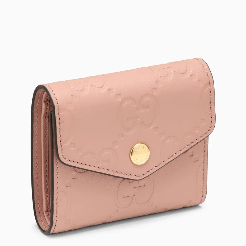 Gucci handbags for women with a metal - framed claspGucci Tri-Fold Pink Leather Wallet Women