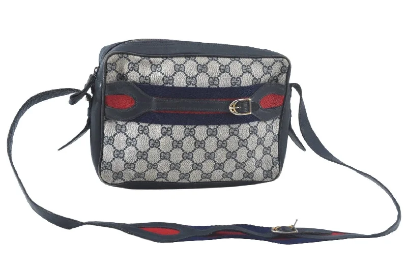 Women Gucci Sylvie bags with a leather - wrapped handleAuthentic GUCCI Sherry Line Shoulder Bag purse GG PVC Leather Navy Blue 0404K