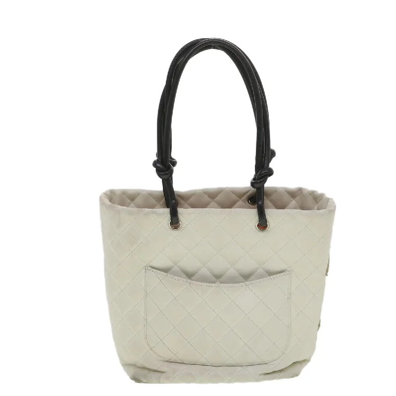 Chanel Designer Handbag with Unique DesignCHANEL Cambon Line Tote Bag Lamb Skin White CC Auth am3907