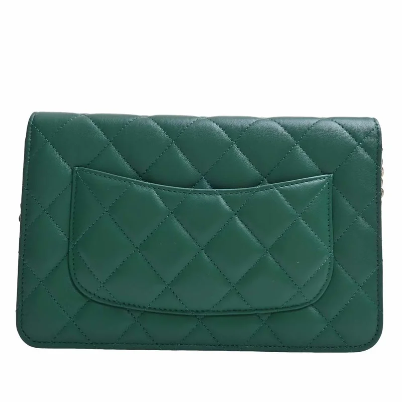 Chanel Limited Edition Handbag for CollectorsCHANEL Lambskin Matelasse Coco Mark Chain Shoulder Long Wallet Green Ladies