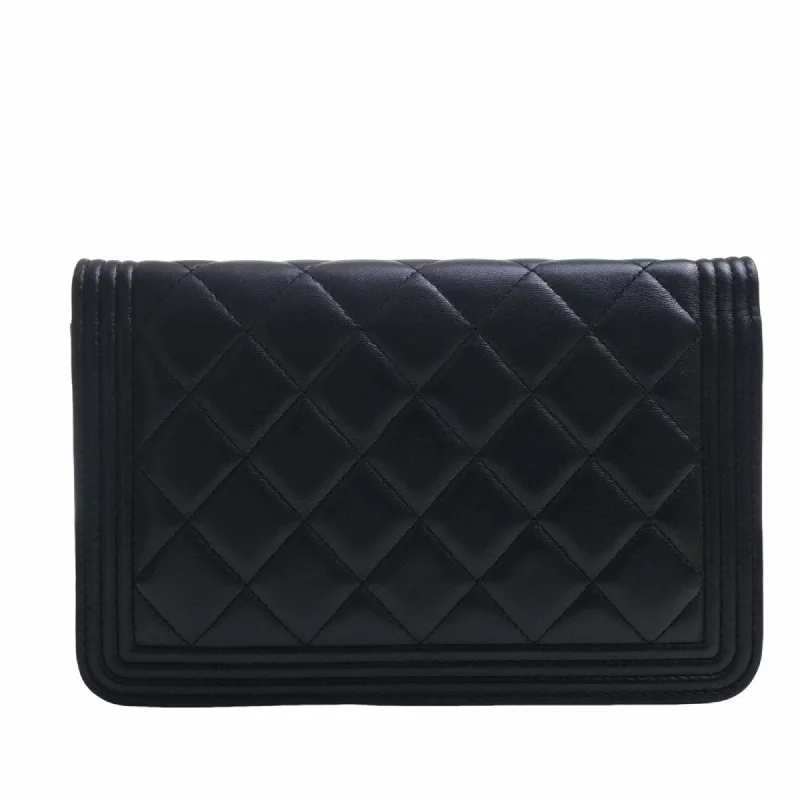 Chanel Luxury Handbag for High - End EventsCHANEL Leather Boy  Coco Mark Chain Shoulder Long Wallet Black Ladies