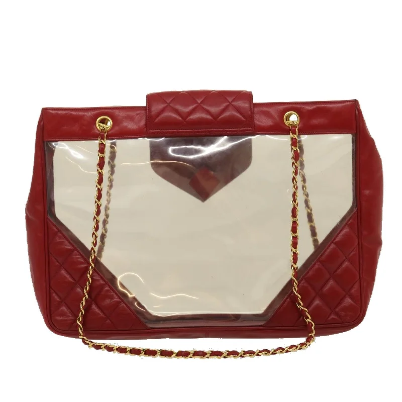 Chanel Medium Tote Bag for Office LadiesCHANEL Matelasse Chain Shoulder Bag Lamb Skin Enamel Red Clear CC Auth 29894A