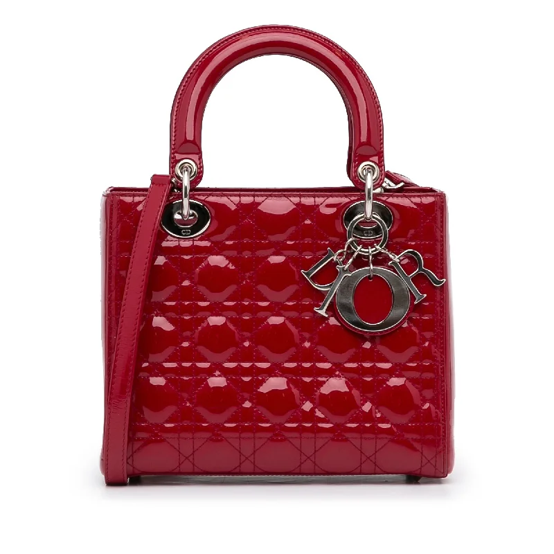 Christian Dior tote bags with a printed Dior logo on the frontDior Lady Dior Medium Red Patent Leather