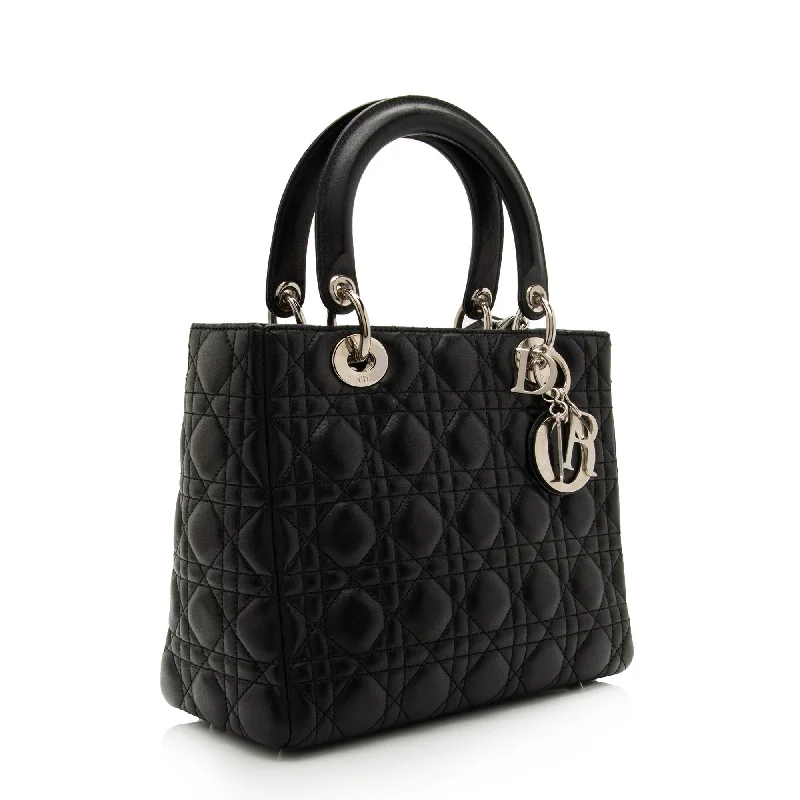 Christian Dior handbags with a snap - button closure and a decorative buckleDior Lambskin Lady Dior Medium Tote (PCV3Bo)