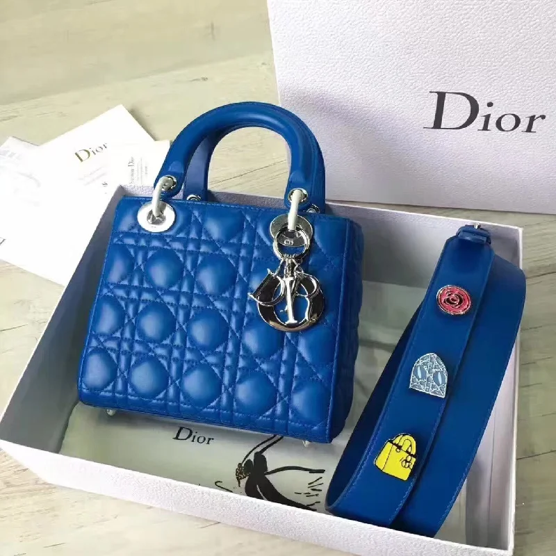 Christian Dior handbags with a detachable mirror for on - the - go touch - upsDior My Lady Dior Bag In Blue Lambskin