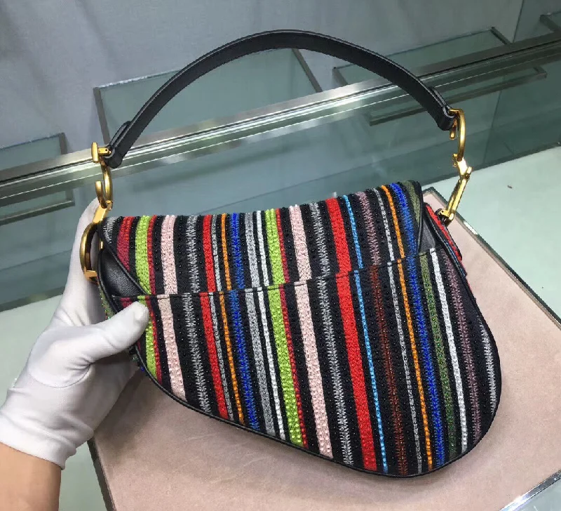 Luxury Christian Dior crossbody bags with a chain - link strapDior Saddle Canvas Bag Embroidered With Multi-coloured Stripes