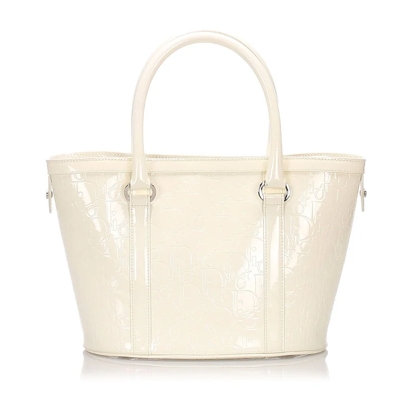 Christian Dior handbags with a detachable mirror for on - the - go touch - upsDior White Patent Leather Oblique Tote Bag Italy