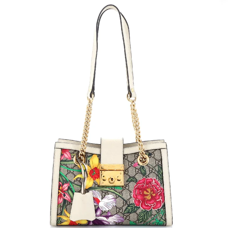 Christian Dior handbags with a snap - button closure and a decorative bucklePadlock Chain Tote Flora GG Coated Canvas Small