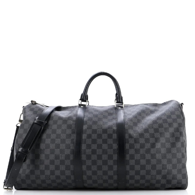 Christian Dior tote bags with a printed Dior logo on the frontKeepall Bandouliere Bag Damier Graphite 55