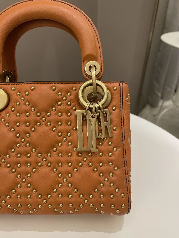 Christian Dior tote bags with a double - handle and shoulder - strap optionDior Lady Dior Studded Souple Deep Orange Lambskin